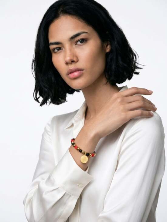 Rustic Cuff Red Black and Gold Beaded Oreo Charm Stretch Bracelet - Picture 2 of 2